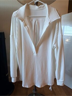 FISOEW Womens White Oversized Ribbed Deep V-Neck Pullover Sweatshirt L